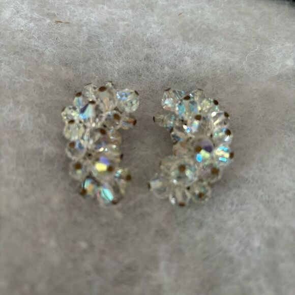 Vintage Silver Tone Crystal Crescent Clip On Earrings - Picture 1 of 4